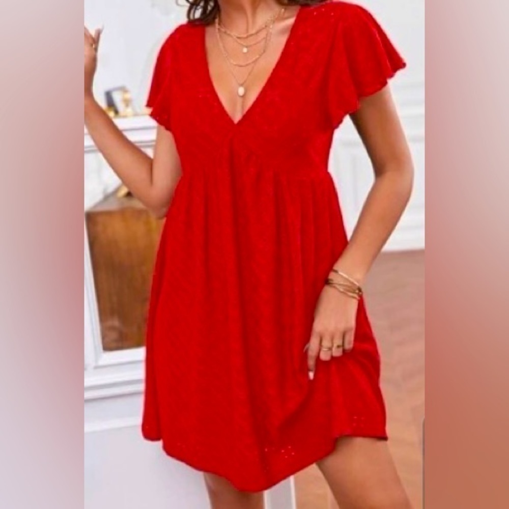 Francesca red lace overlay mini dress with bell sleeves size small